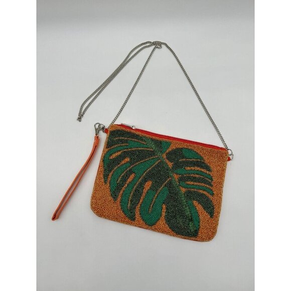 NATASHA beaded palm tree clutch wristlet shoulder bag - Orange/Green - Picture 4 of 8